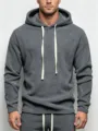 Detail view of men's dark gray fleece cozy hoodie with contrast white drawstrings and cuffs. - S / Dark Gray
