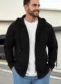 Men's black full zip hoodie detail, casual outerwear featuring cozy hood, drawstring and pockets. - S / Black