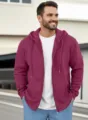 Men full-zip hooded sweatshirt detail featuring kangaroo pocket and adjustable drawstring. - S / Red