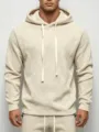 Close-up detail of the cozy beige fleece hoodie texture and adjustable hood drawstring. - S / Khaki