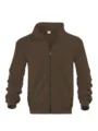 Detail shot of brown stand-up collar zip jacket, premium polyester fabric and ribbed hem. - Dark Brown