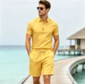 Men's summer casual linen two-piece set featuring a polo shirt and shorts for beach vacation. - M / Top And Bottom / Yellow