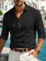 Herren einfarbig Langarm Henley Hemd, lässiger Leinen Textur Stoff Detailansicht Stil. - M / Schwarz