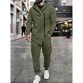 Men's Fall Winter Fleece Lined Hooded Sweatshirt Cargo Pants Tracksuit Olive Green - Army Green
