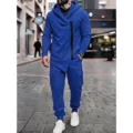 Men Fleece Lined Hooded Sweatshirt and Cargo Joggers Tracksuit Set in Royal Blue Color - Blue