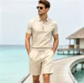Men summer linen short sleeve polo shirt and shorts two piece set casual beach outfit detail - M / Top And Bottom / Khaki