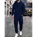 Men's heavy fleece casual cargo hoodie and sweatpants set for autumn winter activewear. - Navy Blue