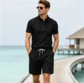 Detailed view of men's summer casual linen polo shirt and shorts set in black color. - M / Top And Bottom / Black
