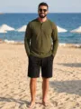 Men waffle knit long sleeve henley shirt and shorts set detailed view, casual beach wear. - Army Green