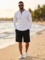 Dettaglio in primo piano della tenuta da spiaggia casual in maglia waffle a maniche lunghe. - Taglia S / Top e Pantaloni / Bianco