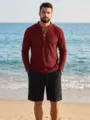 Set da uomo in maglia waffle con camicia Henley a maniche lunghe e pantaloncini - Taglia S / Top e Pantaloni / Borgogna