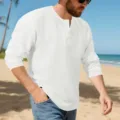 Herren langarm Waffelstrick Henley T-Shirt in Weiss, vintage lose Passform Top Detail. - S / Weiß