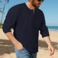 Men's long sleeve Henley shirt with jacquard waffle grid texture for casual autumn wear. - Navy Blue