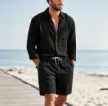 Men's solid color long sleeve linen shirt and shorts set casual beachwear apparel detail. - S / Top And Bottom / Black