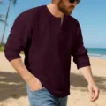 Men's long sleeve waffle henley shirt casual retro solid color pullover top for autumn. - Burgundy