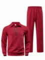 Herren Roter Jacquard Trainingsanzug mit Reißverschluss Polo Shirt und Freizeithose - S / Oberteil und Unterteil / Rot