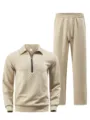 Men's textured jacquard tracksuit set, quarter-zip polo sweatshirt and straight trousers. - Khaki