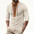 Men waffle knit long sleeve shirt with lace up contrast collar casual top autumn fashion. - S / Khaki