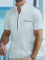 Men's detail view of striped mandarin collar short sleeve henley shirt with chest pocket. - S / Sky Blue Plaid