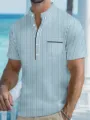Blue and white striped men's short sleeve henley shirt detail view with chest pocket. - S / Denim Blue Stripe