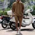 Men's summer solid color short sleeve crewneck t-shirt and loose shorts casual sportswear set. - Khaki