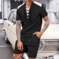 Herren Waffel Zweiteiler Set Kurzarm Rundhals Schnürung Oberteil und Shorts Freizeit - S / Oberteil und Unterteil / Schwarz