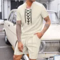 Herren lässiges Waffel-Kurzarm-Oberteil und passendes Shorts-Set mit Schnürung. - S / Oberteil und Unterteil / Khaki
