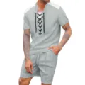 Close-up detail of the men's casual lace-up short sleeve t-shirt and matching shorts set. - S / Top And Bottom / Gray
