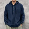 Men's long sleeve hooded linen shirt casual button up pullover top for spring and autumn. - Navy Blue