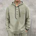Men's casual linen hoodie long sleeve pullover shirt with buttons and drawstring. - Army Green