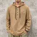 Men's casual long sleeve linen hoodie with button placket and drawstrings. Detail view. - S / Tops / Earth Yellow