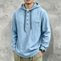 Men's casual long sleeve linen hoodie with buttons, lightweight pullover top for spring and autumn. - Sky Blue
