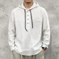 Herren Langarm Leinen Kapuzenpullover Lässiges leichtes Hemd mit Knöpfen für Frühling. - S / Oberteile / Weiß