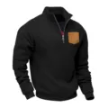 Men's black quarter zip stand collar sweatshirt with brown pocket detail close up view - Black