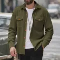 Chemise homme en velours côtelé manches longues veste décontractée poches poitrine - S / Hauts / Vert Militaire