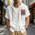 Detailed view of men's summer linen hooded shirt chest pocket and breathable fabric texture. - S / Tops / White