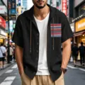 Camisa de lino con capucha manga corta hombre top de verano bohemio con bolsillo - S / Tops / Negro