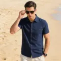 Detailed view of men's casual linen short sleeve shirt, perfect for beach and summer wear. - Navy Blue