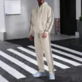 Detailed view of men waffle knit tracksuit with side stripes, casual hoodie and pants. - S / Top And Bottom / Khaki