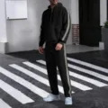 Men's stylish waffle knit casual tracksuit full zip hoodie and pants set closeup - S / Top And Bottom / Black