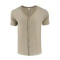 Men's Casual Short Sleeve V-Neck Button Cardigan T-Shirt Khaki Linen-Textured Top - Khaki