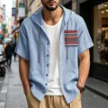 Camisa de lino de verano para hombre con capucha y bolsillo, parte superior casual de playa. - S / Tops / Azul claro