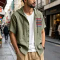 Camisa de lino con capucha de manga corta para hombre top bohemio transpirable casual de verano. - S / Tops / Verde Militar