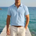 Men's light blue breathable linen short sleeve polo shirt for casual summer resort wear. - S / Tops / Sky Blue