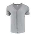 Uomo grigio manica corta collo v cardigan con bottoni slub struttura casual estate t shirt - Taglia S / Grigio chiaro
