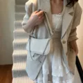 Bolso de hombro blanco con cadena para mujer, elegante bolso hobo texturizado, bandolera versátil. - Caqui