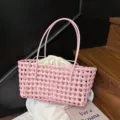 Pink PVC Woven Tote Bag Summer Beach Handbag Large Capacity Hollow Out Basket Bag - Light Pink