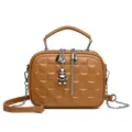 Bolso bandolera de cuadros marrón para mujer, elegante bolso de piel suave con cadena. - Marrón Amarillento