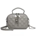 Grey checkered soft leather handbag with top handle, chain strap and cute bear charm pendant. - Gray