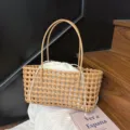 Woven tote bag large capacity beach handbag casual summer shoulder bag for daily women - Khaki